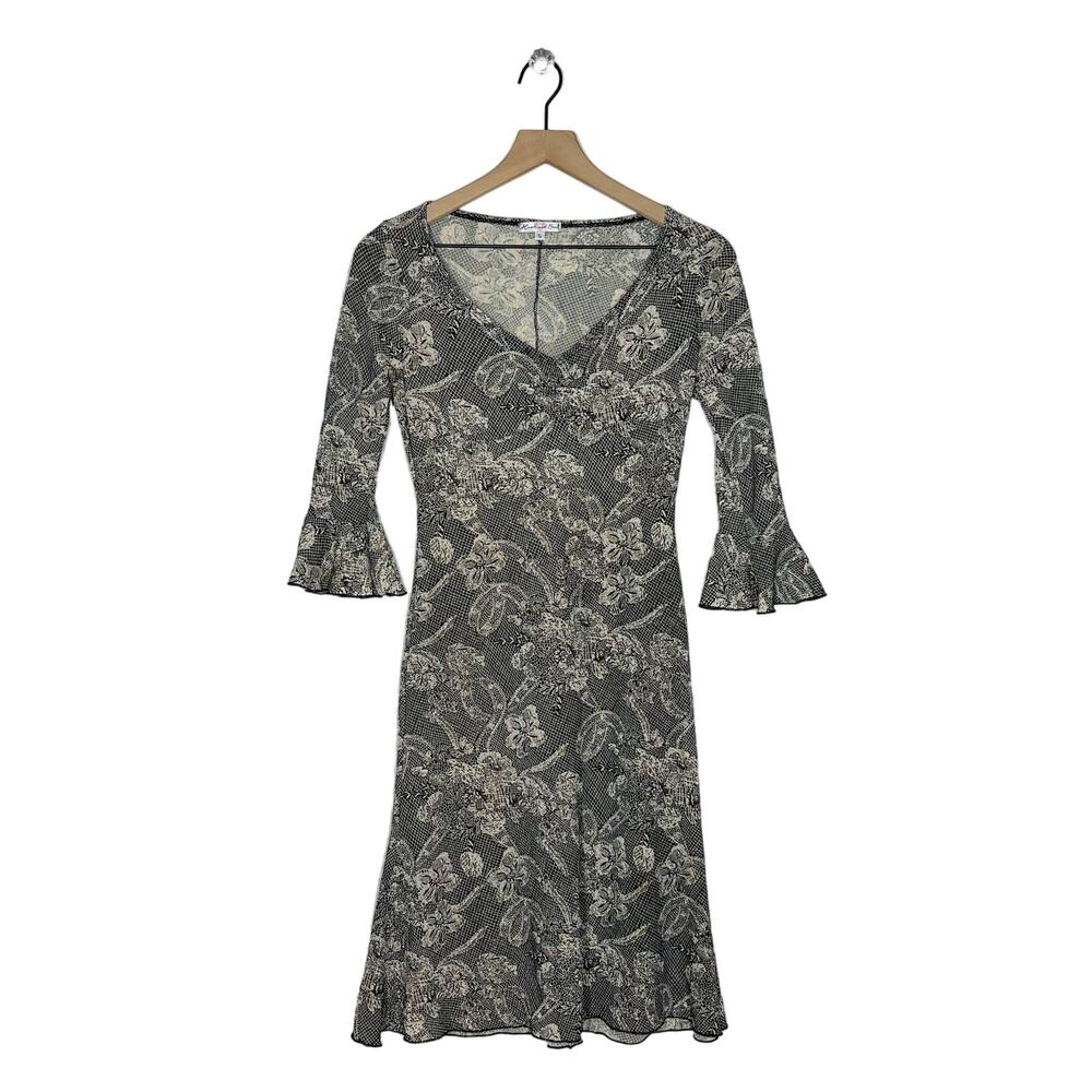 Heart & Soul Floral Bell Sleeve Y2K Midi Dress Black Cream Gold Shimmer Small